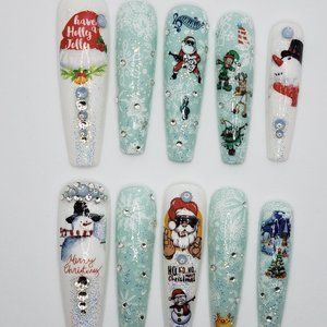 XXL Coffin-Ballerina Gel Press on Nails " Christmas Party "